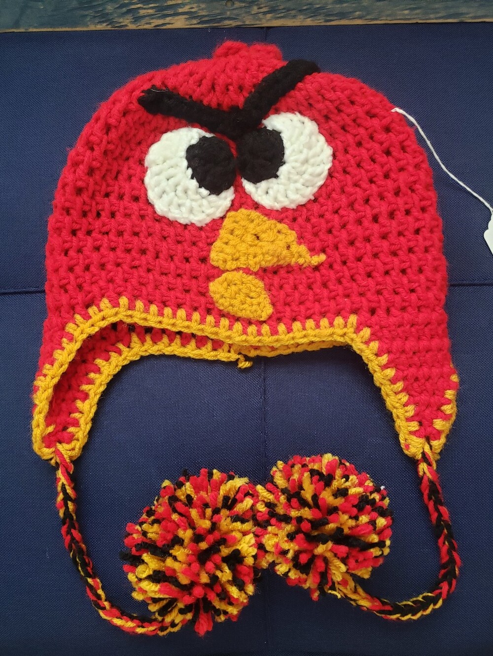 New Red Angry Bird Crochet Kids Hat with Yellow Trim Pom Poms Handmade Hand Made